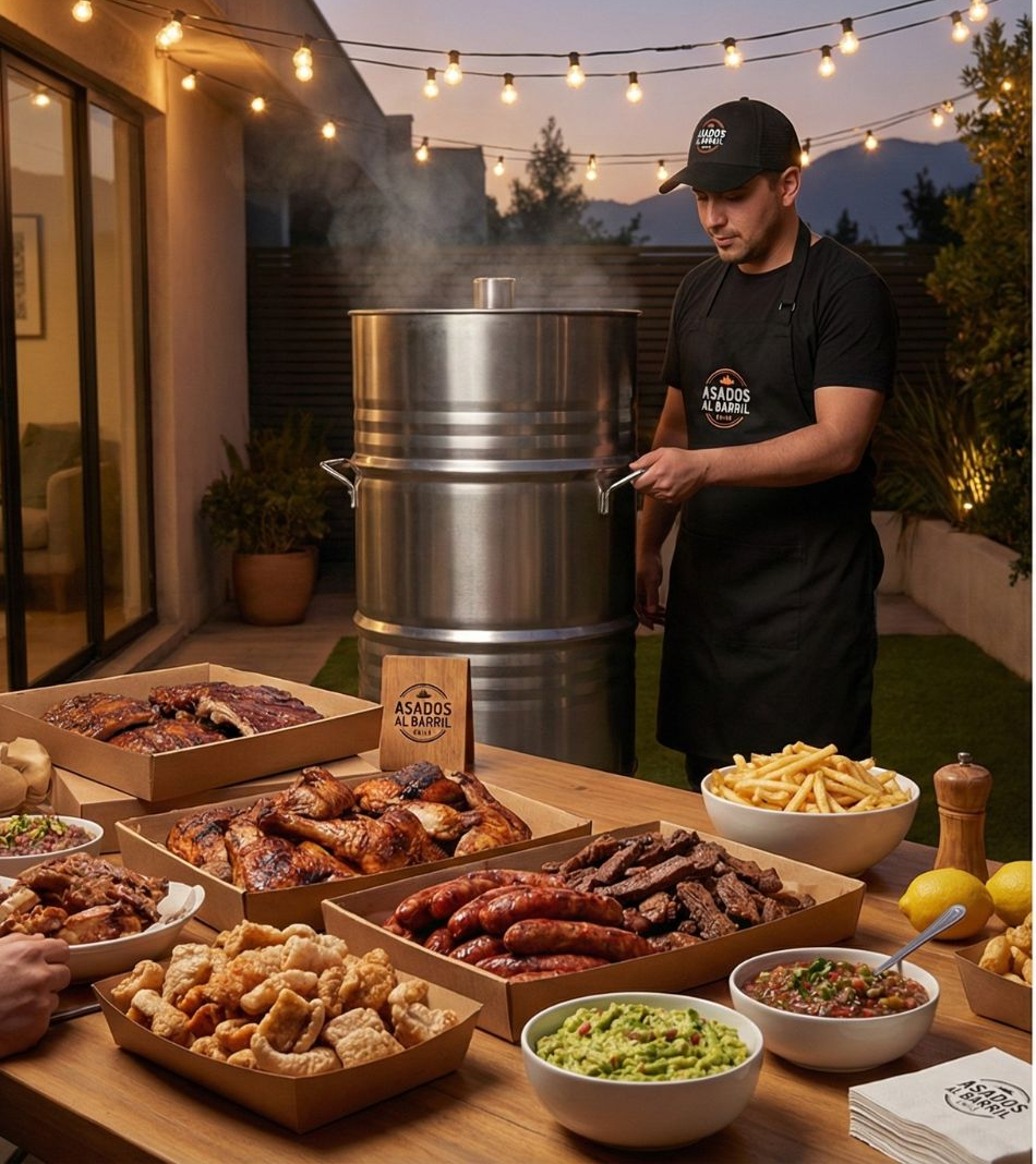 Parrilero de Asados al Barril Chile junto al barril humeante y la mesa de carnes servida para el evento